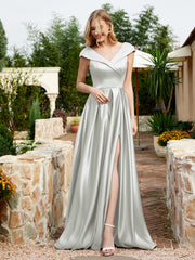 Robe en Satin à Mancherons et Col en V avec Poches Argent