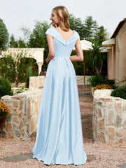 Robe en Satin à Mancherons et Col en V avec Poches Bleu Ciel Grande Taille