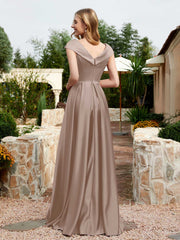 Robe en Satin à Mancherons et Col en V avec Poches Taupe
