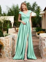 Robe en Satin à Mancherons et Col en V avec Poches Turquoise Grande Taille