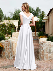 Robe en Satin à Mancherons et Col en V avec Poches Blanc Grande Taille