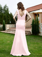 Robe en Satin à Col en V Plongeant avec Fente Rose Pâle Grande Taille