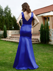 Robe en Satin à Col en V Plongeant avec Fente Bleu Royale Grande Taille