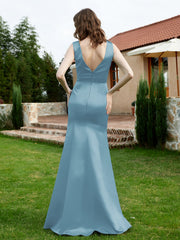 Robe en Satin à Col en V Plongeant avec Fente Bleu de Schiste Grande Taille