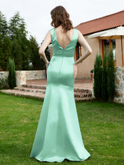 Robe en Satin à Col en V Plongeant avec Fente Turquoise Grande Taille