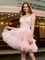 Robe courte trapèze en tulle à paillettes et coutures étagées Rose Pâle