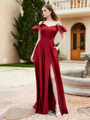 Robe en Satin à Manches Flottantes Hors de l'Épaule avec Poches Bordeaux Grande Taille