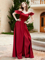 Robe en Satin à Manches Flottantes Hors de l'Épaule avec Poches Bordeaux Grande Taille