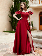Robe en Satin à Manches Flottantes Hors de l'Épaule avec Poches Bordeaux Grande Taille