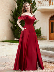 Robe en Satin à Manches Flottantes Hors de l'Épaule avec Poches Bordeaux Grande Taille