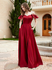 Robe en Satin à Manches Flottantes Hors de l'Épaule avec Poches Bordeaux Grande Taille