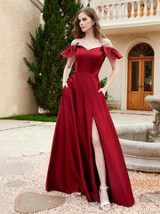 Robe en Satin à Manches Flottantes Hors de l'Épaule avec Poches Bordeaux Grande Taille