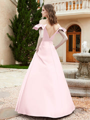 Robe en Satin à Manches Flottantes Hors de l'Épaule avec Poches Rose Pâle