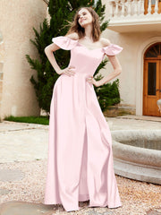 Robe en Satin à Manches Flottantes Hors de l'Épaule avec Poches Rose Pâle