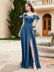 Robe en Satin à Manches Flottantes Hors de l'Épaule avec Poches Bleu Encre Grande Taille