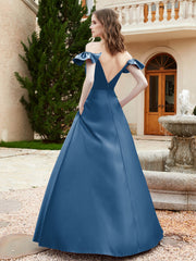Robe en Satin à Manches Flottantes Hors de l'Épaule avec Poches Bleu Encre Grande Taille