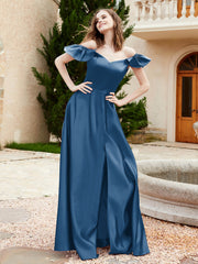 Robe en Satin à Manches Flottantes Hors de l'Épaule avec Poches Bleu Encre Grande Taille