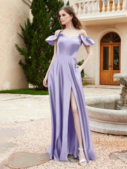 Robe en Satin à Manches Flottantes Hors de l'Épaule avec Poches Lavande Grande Taille