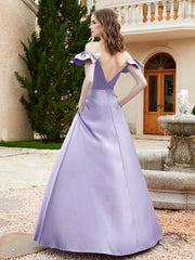 Robe en Satin à Manches Flottantes Hors de l'Épaule avec Poches Lavande Grande Taille