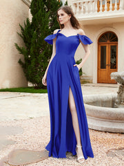 Robe en Satin à Manches Flottantes Hors de l'Épaule avec Poches Bleu Royale