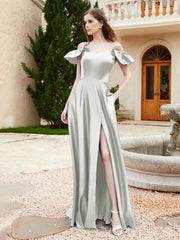 Robe en Satin à Manches Flottantes Hors de l'Épaule avec Poches Argent