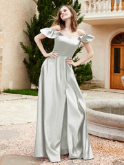 Robe en Satin à Manches Flottantes Hors de l'Épaule avec Poches Argent