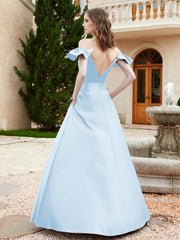 Robe en Satin à Manches Flottantes Hors de l'Épaule avec Poches Bleu Ciel Grande Taille