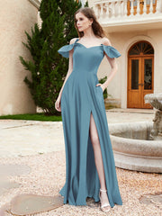 Robe en Satin à Manches Flottantes Hors de l'Épaule avec Poches Bleu de Schiste Grande Taille
