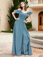 Robe en Satin à Manches Flottantes Hors de l'Épaule avec Poches Bleu de Schiste