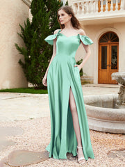 Robe en Satin à Manches Flottantes Hors de l'Épaule avec Poches Turquoise