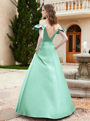 Robe en Satin à Manches Flottantes Hors de l'Épaule avec Poches Turquoise Grande Taille