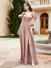 Robe en Satin à Manches Flottantes Hors de l'Épaule avec Poches Vintage Mauve