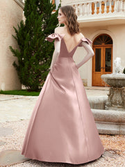 Robe en Satin à Manches Flottantes Hors de l'Épaule avec Poches Vintage Mauve
