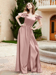 Robe en Satin à Manches Flottantes Hors de l'Épaule avec Poches Vintage Mauve