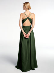 Robe en Mousseline à Dos Ouvert Croisé avec Bretelles Spaghetti Olive Verte Grande Taille