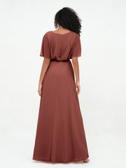 Robes de Demoiselle d'Honneur Enveloppées de Pleine Longueur en Mousseline terracotta Grande Taille