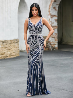 Maxi Robe à Col en V avec Motif Diamant Bleu Marine