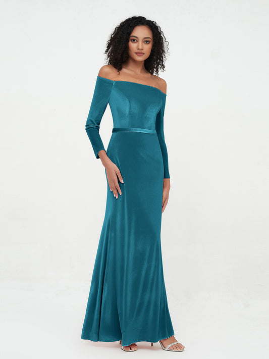 Robes en Velours à Manches Longues à Hors de l'Epaule Bleu Encre Grande Taille