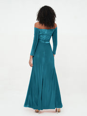 Robes en Velours à Manches Longues à Hors de l'Epaule Bleu Encre Grande Taille