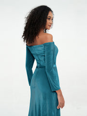 Robes en Velours à Manches Longues à Hors de l'Epaule Bleu Encre Grande Taille