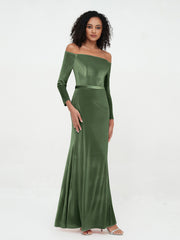 Robes en Velours à Manches Longues à Hors de l'Epaule Olive Verte Grande Taille