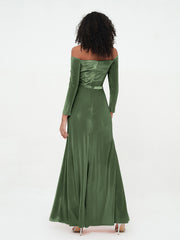 Robes en Velours à Manches Longues à Hors de l'Epaule Olive Verte Grande Taille