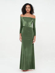 Robes en Velours à Manches Longues à Hors de l'Epaule Olive Verte Grande Taille