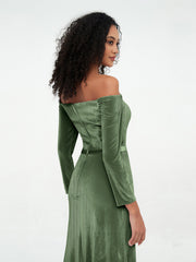 Robes en Velours à Manches Longues à Hors de l'Epaule Olive Verte Grande Taille