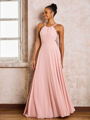 Robe Demoiselle d'Honneur Mousseline à Col Licou Longueur au Sol Rose Poudré