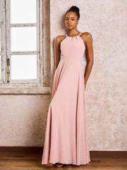 Robe Demoiselle d'Honneur Mousseline à Col Licou Longueur au Sol Rose Poudré