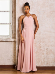 Robe Demoiselle d'Honneur Mousseline à Col Licou Longueur au Sol Rose Poudré