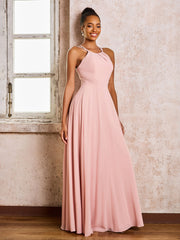 Robe Demoiselle d'Honneur Mousseline à Col Licou Longueur au Sol Rose Poudré