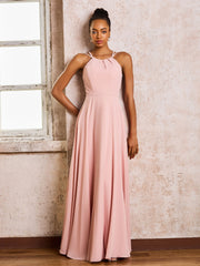 Robe Demoiselle d'Honneur Mousseline à Col Licou Longueur au Sol Rose Poudré