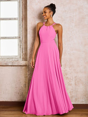 Robe Demoiselle d'Honneur Mousseline à Col Licou Longueur au Sol Azalée